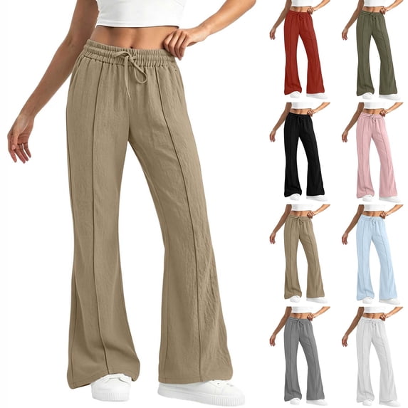 Hesxuno Women Flare Pants Elastic Waist Full Length Trousers Loose Fit Drawstring Summer Bottoms Casual Fashion Outdoor Pant White XXL