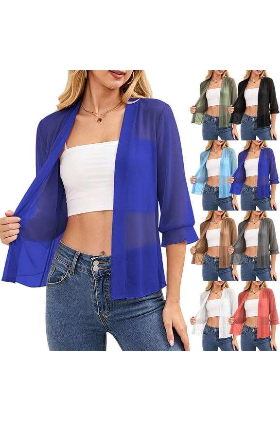 Women Kimono Swimsuit Coverups Summer Beach Casual Cardigans Lightweight Sheer Chiffon Cover Up 3/4 Sleeve Open Front Tops Black XL
