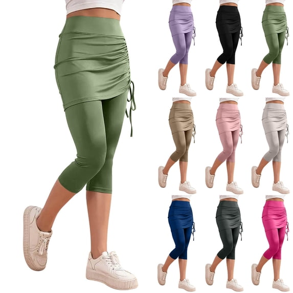 Hesxuno Women Leggings with Skirt High Waist Golf Tennis Yoga Pants Side Drawstring Capri Pants 2026 Trendy Summer Cropped Pants Black XXL