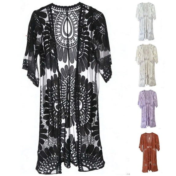 Hesxuno Women Long Summer Cardigan Lace Sheer Swimsuit Cover Up 3/4 Sleeve Cotton Open Front Cardigans Floral Vacation Retro Boho Clothing with Tie Purple Free Size