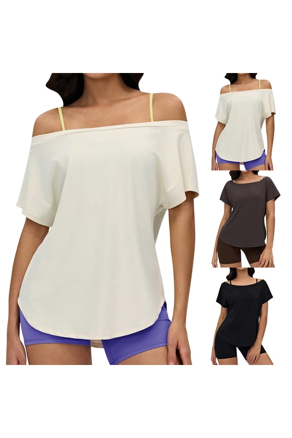 Women Off Shoulder Tops Short Sleeve Casual Workout Shirts Quick Dry Running Yoga Gym Tees Curved Hem Tunic Shirt Black S