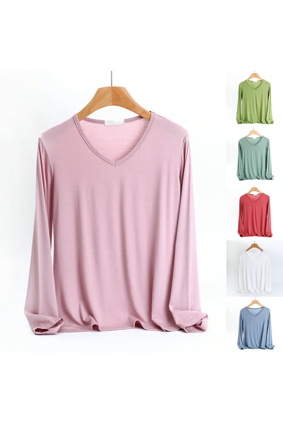 Women Pajama T Shirt Modal Long Sleeve Lounge Tops V Neck Comfortable Sleep Tee Shirts Solid Color Lightweight Pjs Pink XXL