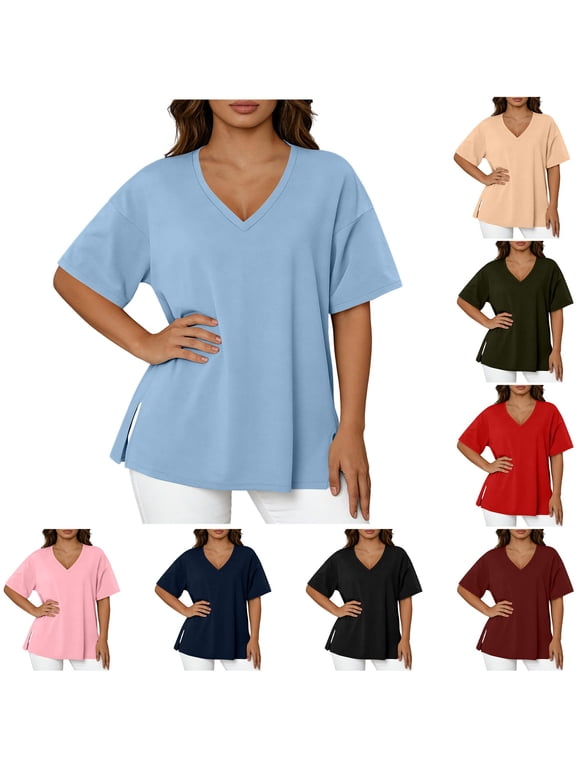 Women Plus Size V Neck Tops Short Sleeve Side Split Long T Shirts Oversized Summer Pullover Tees Casual Daily Wear Summer T-Shirts Black XL