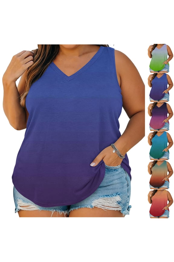 Women Plus Size Workout Tanks Oversized Gradient Sleeveless Tank Tops Summer V Neck Active Long Tops Gym Yoga Athletic Running Undershirts Blue