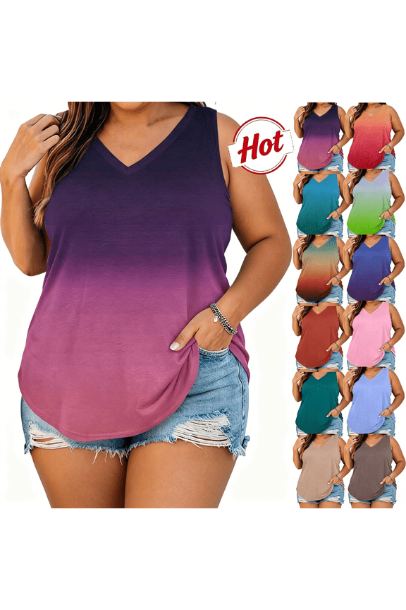 Women Plus Size Workout Tanks Oversized Gradient Sleeveless Tank Tops Summer V Neck Active Long Tops Gym Yoga Athletic Running Undershirts Wine