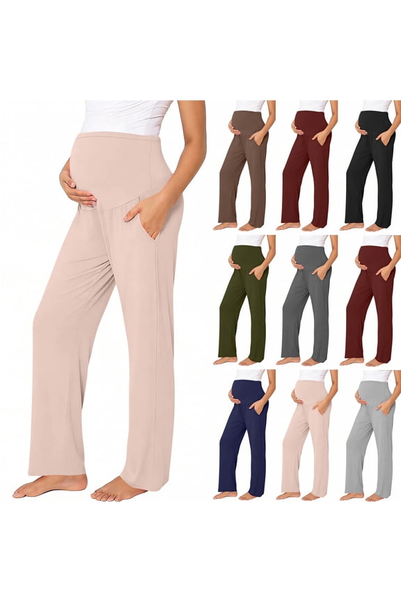 Women Pregnant Pants Over the Belly Maternity Pants Breathability Stretchy Full Length Pants with Pockets Spring Summer Casual Straight Leg Pants Black S