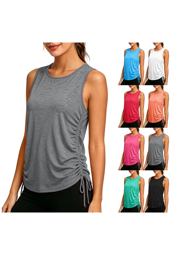Women Running Tanks Loose Fit Workout Sleeveless Tees Spring and Summer Sports Fitness Yoga Tops Going Out Gym Pilates Drawstring Undershirts Black S