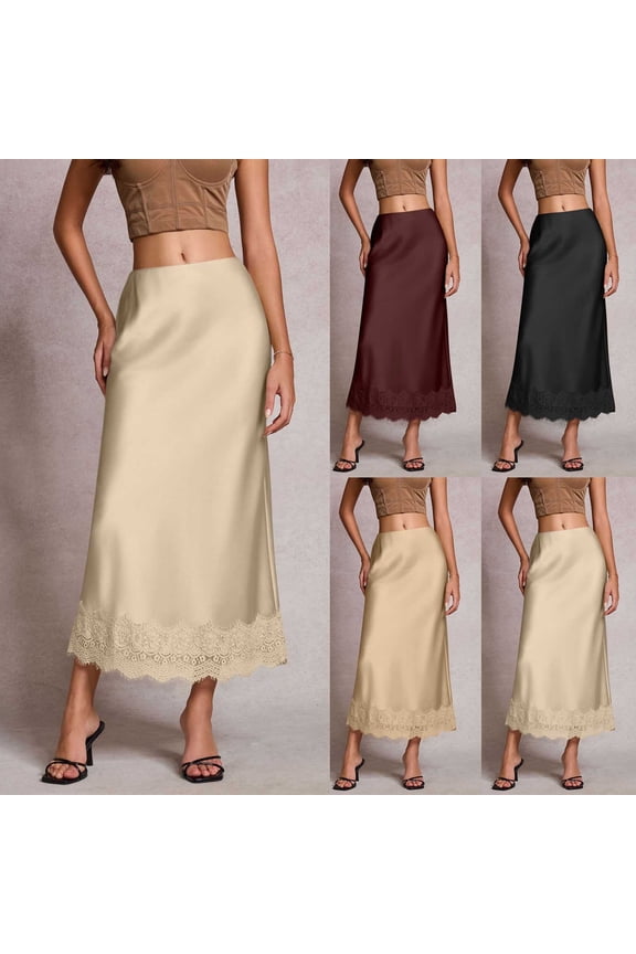 Women Satin Maxi Skirts A Line Lace Trim Skirts Solid Summer Ankle Length Skirts 2026 Elegant Party Cocktail Skirts Gold S
