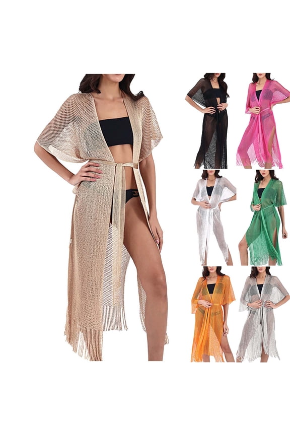 Women Sheer Long Cardigan Boho Ruffle Duster Cover Up Bikini Swimwear Coverup with Tie Lightweight Beach Party Vacatiion Cardigans Gold Free Size