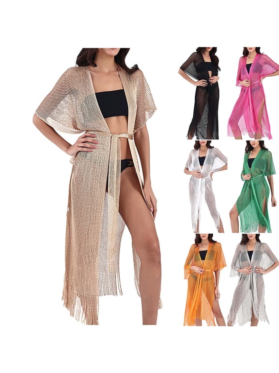 Women Sheer Long Cardigan Boho Ruffle Duster Cover Up Bikini Swimwear Coverup with Tie Lightweight Beach Party Vacatiion Cardigans Hot Pink Free Size