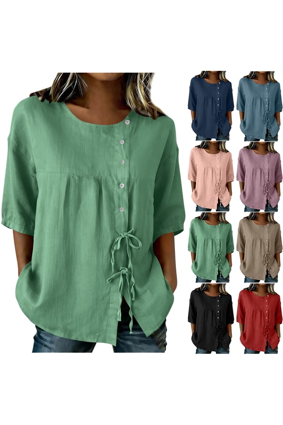 Women Solid Plus Size T Shirts Summer Casual 3/4 Sleeve Tees Side Split Tops with Tie 2026 Trendy Holiday Beach Travel Blouses Navy