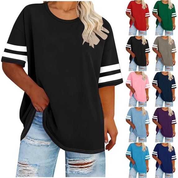 Hesxuno Women Striped Plus Size Tops Short Sleeve Crew Neck T Shirts 2026 Workout Gym Baseball Tee Stretchy Breathable Long Tees Pink XXXL
