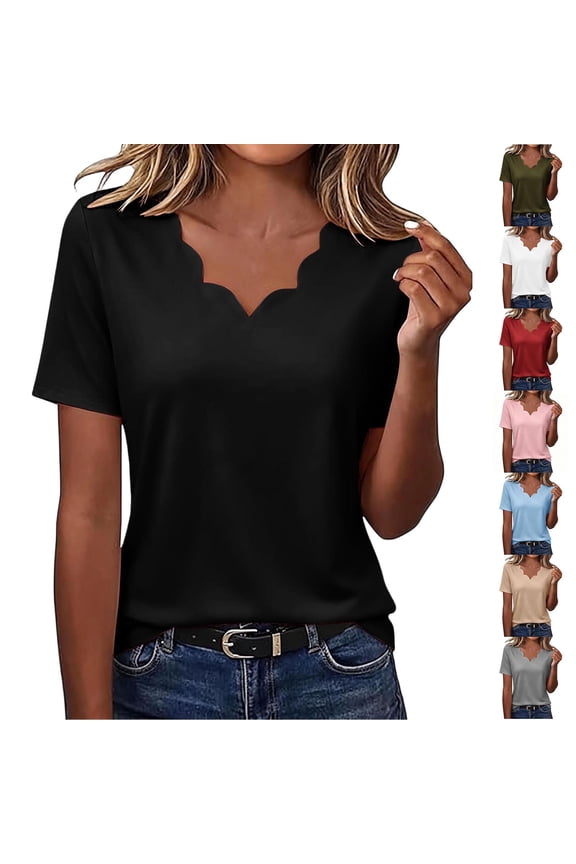 Women Summer Solid T Shirts Scalloped V Neck Tops Short Sleeve Loose Fit Tee Shirts Casual Comfy Lounge T-Shirts Black L