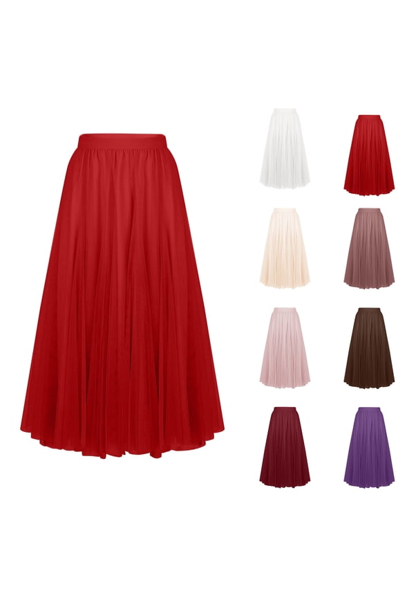 Women Tulle Midi Skirts A-line Layered Solid Skirt High Waist Tutu Flowy Skirt Romantic Party Wedding Skirts Breathable Lightweight Ankle Length Skirts Pink L