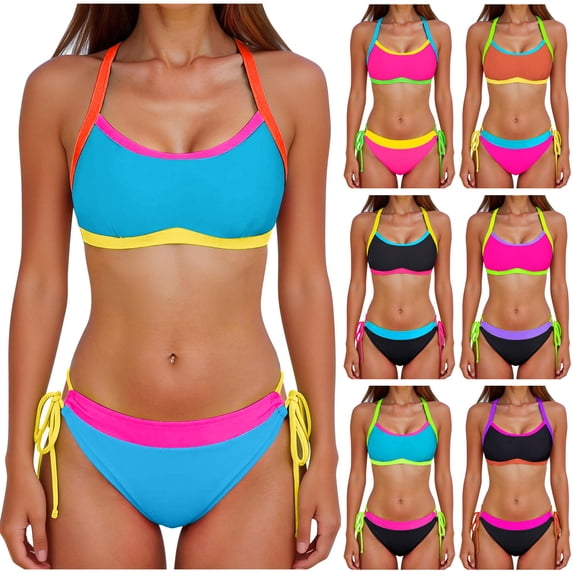Hesxuno Women's Bikini Set Two Piece Swimsuit Triangle Top String Low Rise Bottom Color Block Bathing Suit Blue XL