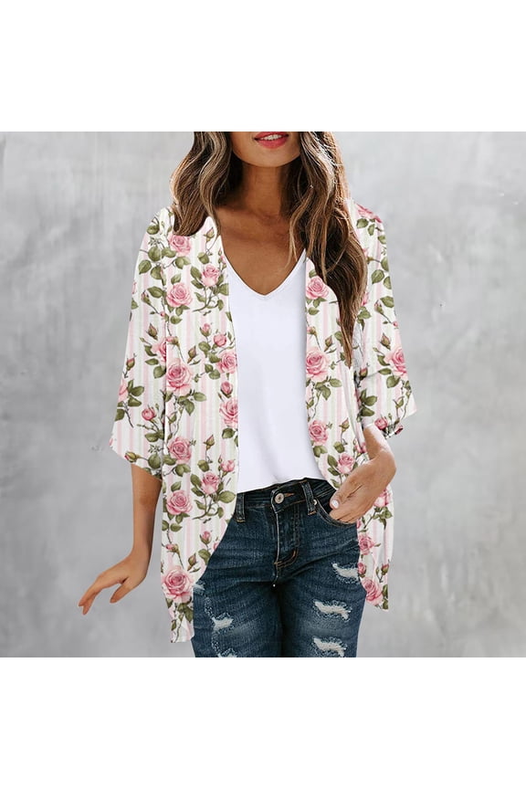 Women's Floral Print Cardigan Open Front Kimono Cardigans Loose Fit Chiffon Coverup 3/4 Sleeve Summer Vacation Beach Swimsuit Cover Ups Red S
