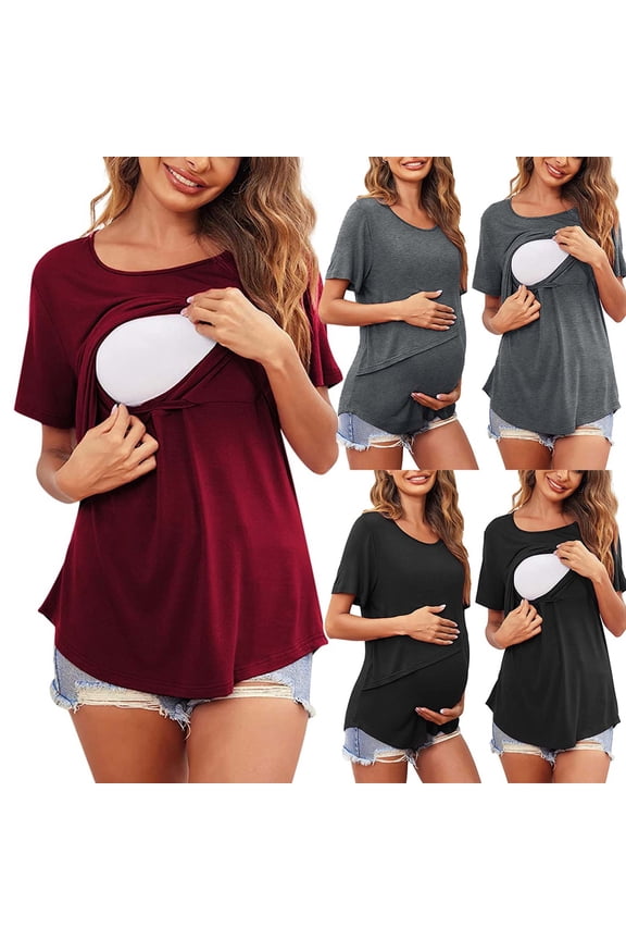 Women's Short Sleeve Nursing T Shirts Double Layer Maternity Top Casual Basic Cotton Pregnancy Tees Belly Friendly Round Neck Mum T Shirts Gray M