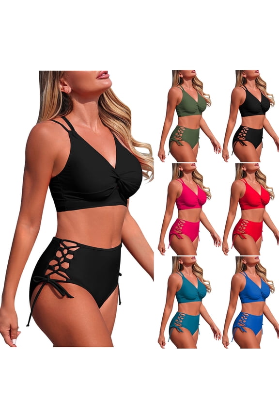 Womens 2 Piece Swimsuit Set Cross Back V Neck Bikini Top with Side Tie Bottoms Summer Beach Bathing Suit Hot Pink S