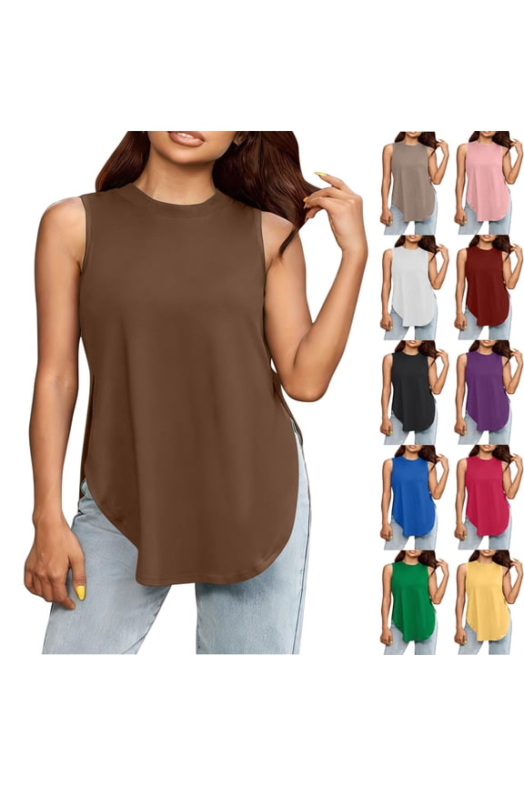 Womens Active Tank Tops Summer Crewneck Sleeveless Shirts Soft Casual Workout Cami Tanks Side Split Solid Basic Undershirts Pink L