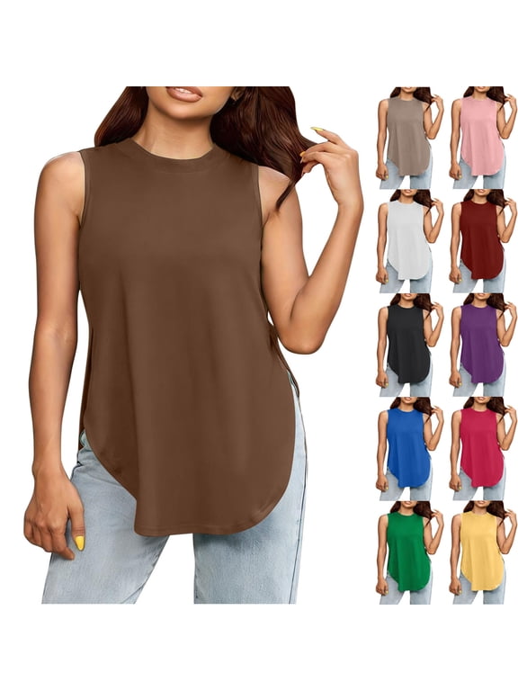 Womens Active Tank Tops Summer Crewneck Sleeveless Shirts Soft Casual Workout Cami Tanks Side Split Solid Basic Undershirts Pink L