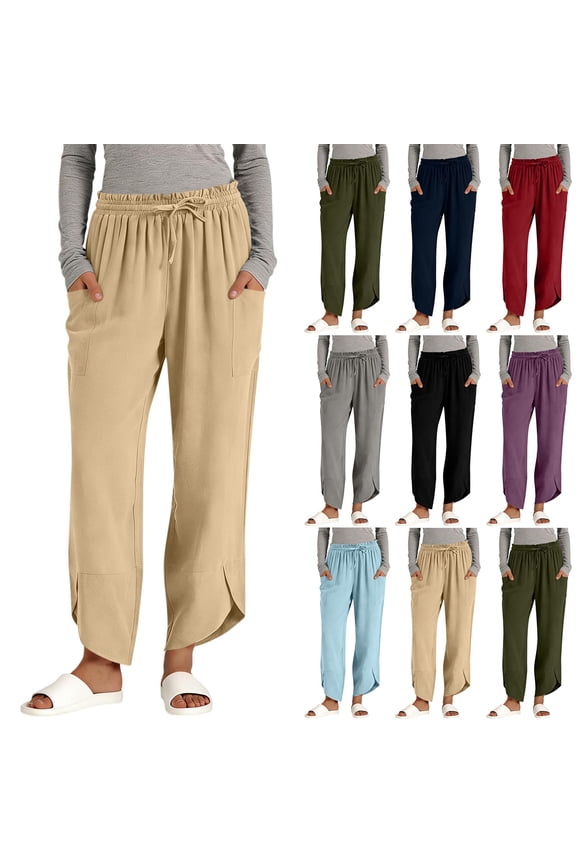 Womens Linen Straight Leg Pants Drawstring Elastic Waist Pants Tulip Hem Loose Fit Pants with Patch Pockets Beach Vacation Travel Pants Navy M