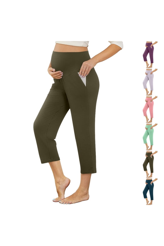 Womens Lounge Capris Pant Maternity Summer Solid Pants Over the Belly Pregnancy Pants with Pockets Casual Home Summer Lightweight Pants Blue L
