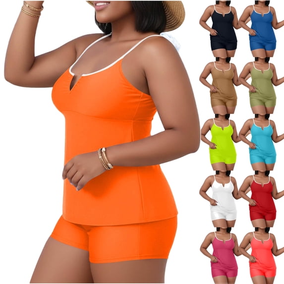 Hesxuno Womens Swimsuits Plus Size Tummy Control Bathing Suits 2 Piece Scoop Neck V Cut Tankinis Modest Swim Suits Blue XL