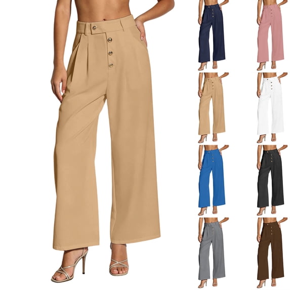 Hesxuno Womens Wide Leg Trousers High Elastic Waist Loose Pleated Long Flowy Palazzo Work Pants with Pockets Blue XXL