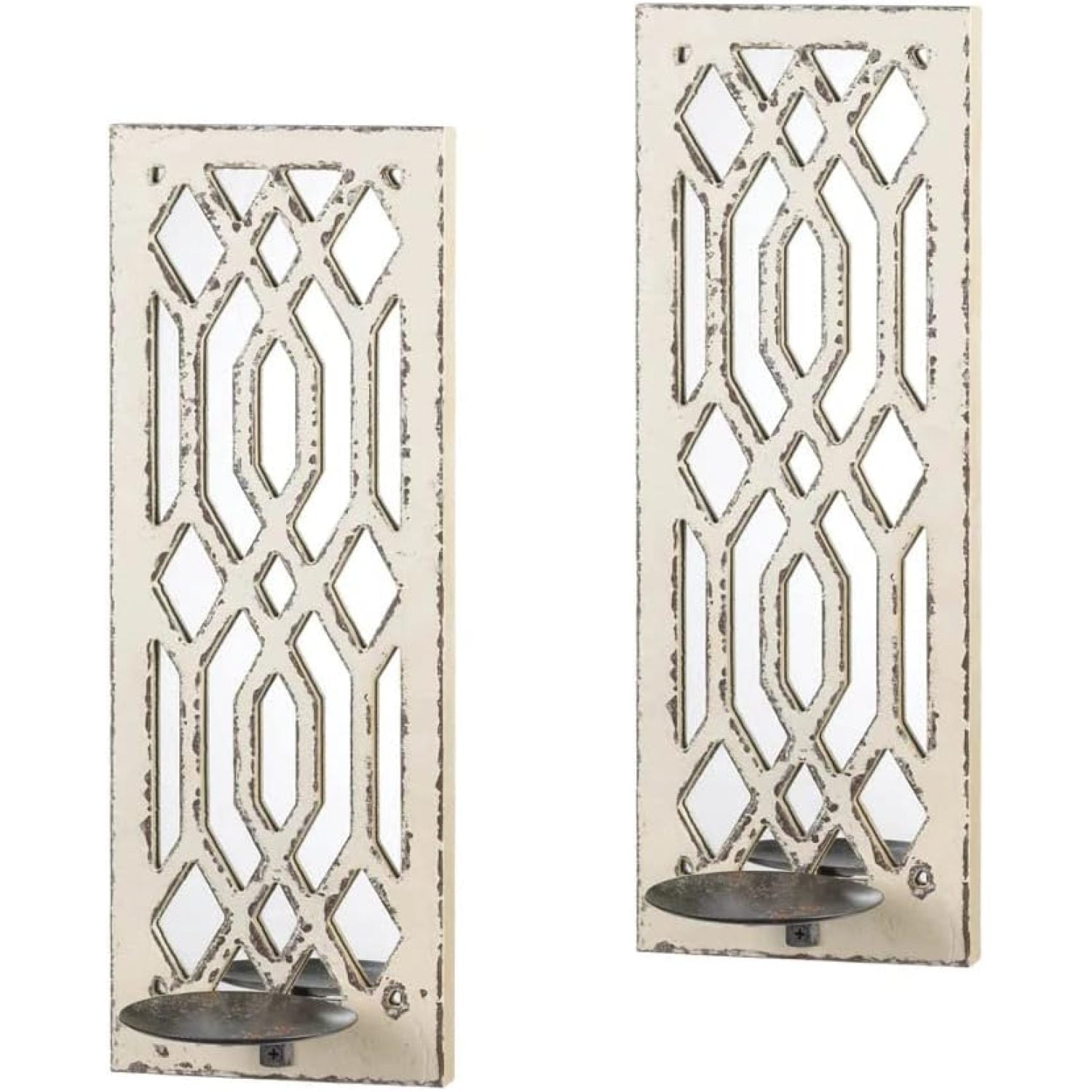 White Geometric Mirrored Wood Wall Sconce Set