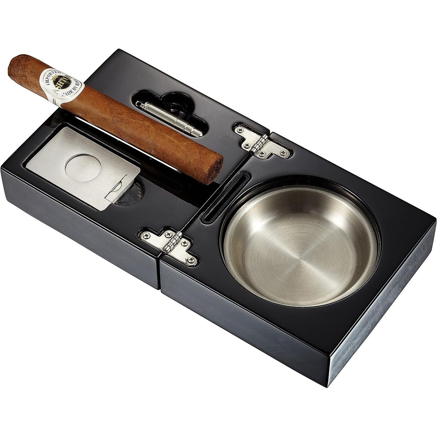 HetayC Bremen Black Lacquer Folding Cigar Ashtray with Cutter and Punch