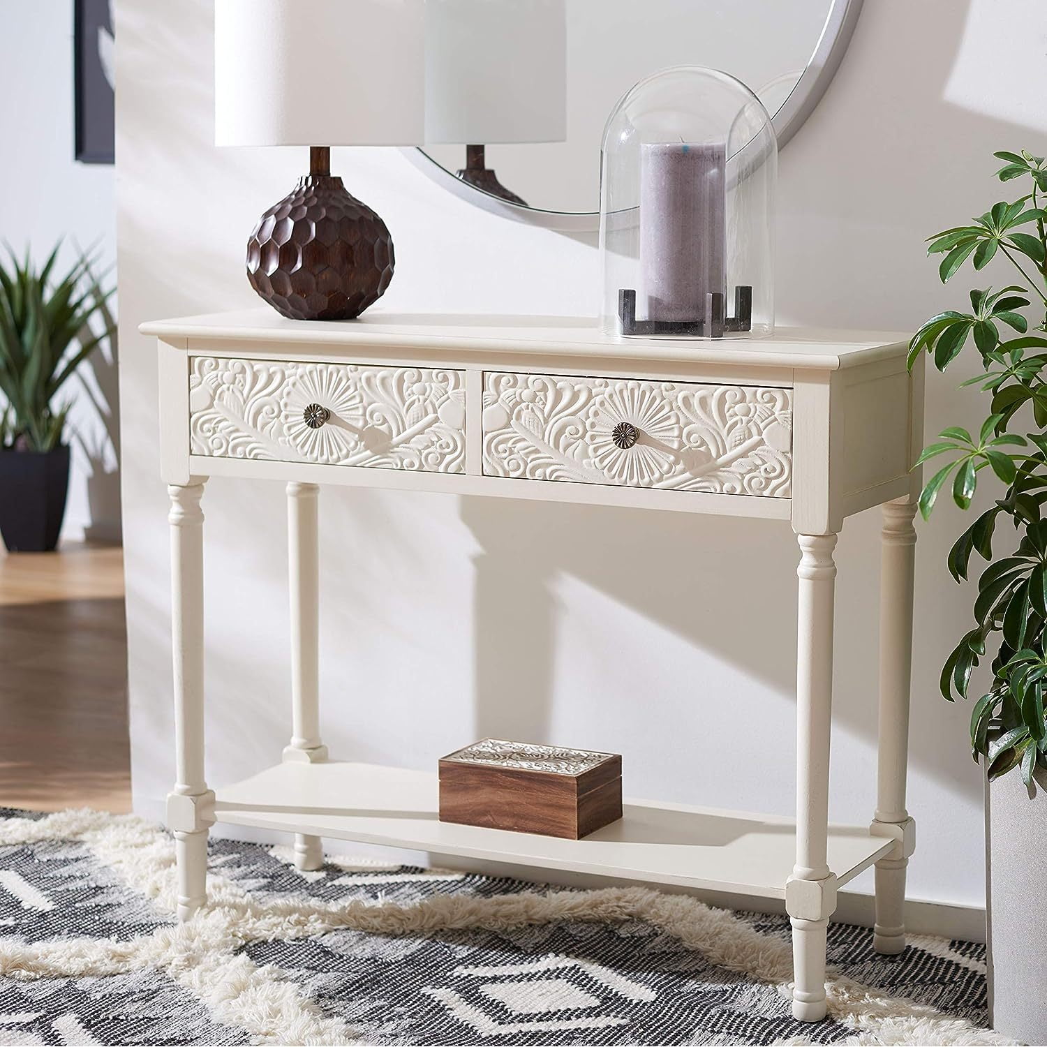 Distressed White Carved Wood Hallway Table with Storage