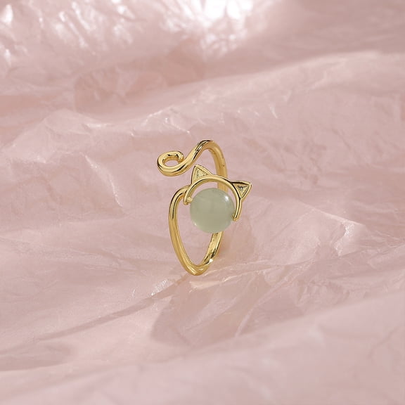 Cute Cat Ring with Light Green Imitation Jade, Adjustable Open Ring, Gold - Tone Metal, Whimsical Fashion Jewelry for Women