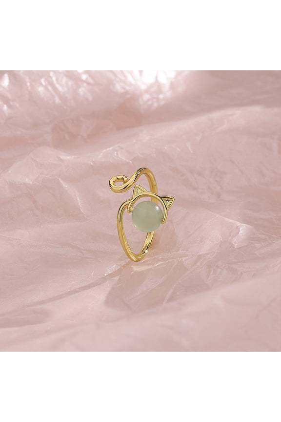 Cute Cat Ring with Light Green Imitation Jade, Adjustable Open Ring, Gold - Tone Metal, Whimsical Fashion Jewelry for Women