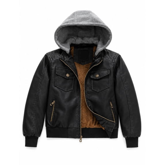 Heting Boys Faux Leather Jacket Windproof & Waterproof Winter Coat with Fleece Lining PU Motorcycle Hooded Jacket Kids Bomber Jacket for Cold Weather Black Velvet Lined 10-12