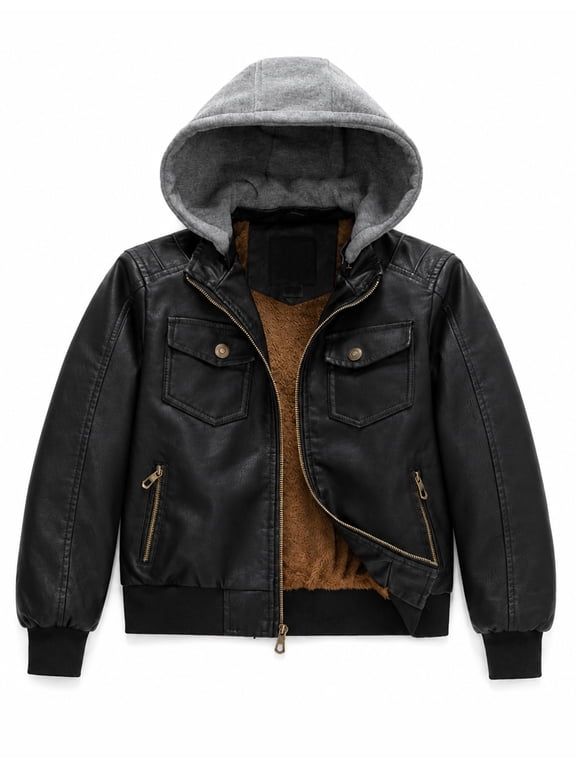 Boys Faux Leather Jacket Windproof & Waterproof Winter Coat with Fleece Lining PU Motorcycle Hooded Jacket Kids Bomber Jacket for Cold Weather Black Velvet Lined 8-9