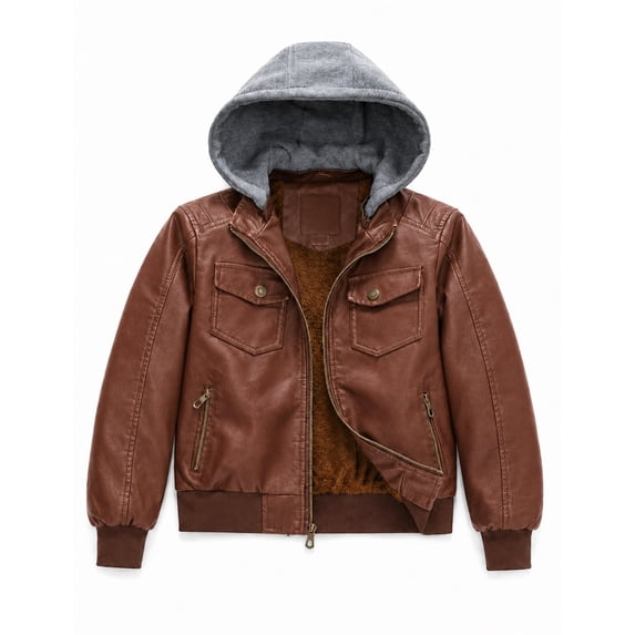 Heting Boys Faux Leather Jacket Windproof & Waterproof Winter Coat with Fleece Lining PU Motorcycle Hooded Jacket Kids Bomber Jacket for Cold Weather Camel Velvet Lined 4-5