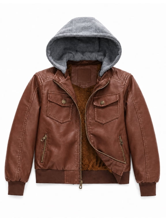 Boys Faux Leather Jacket Windproof & Waterproof Winter Coat with Fleece Lining PU Motorcycle Hooded Jacket Kids Bomber Jacket for Cold Weather Camel Velvet Lined 14-16