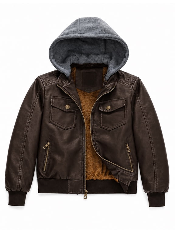 Boys Faux Leather Jacket Windproof & Waterproof Winter Coat with Fleece Lining PU Motorcycle Hooded Jacket Kids Bomber Jacket for Cold Weather Coffee Velvet Lined 10-12