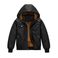 thumbnail image 1 of Heting Boys Faux Leather Motorcycle Jacket with Removable Hood Warm Fleece Lining Windproof PU Bomber Coat for Fall Winter Black 10-12, 1 of 9