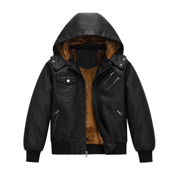 Heting Boys Faux Leather Motorcycle Jacket with Removable Hood Warm Fleece Lining Windproof PU Bomber Coat for Fall Winter Black 10-12