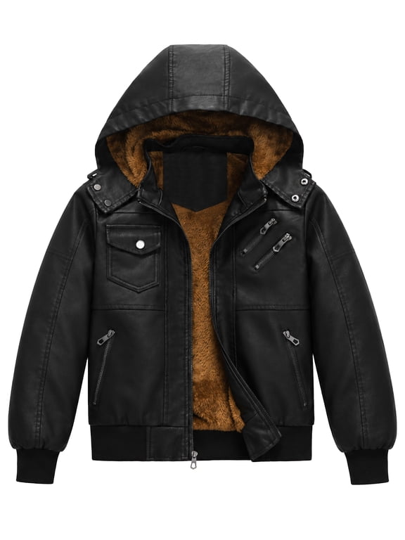 Boys Faux Leather Motorcycle Jacket with Removable Hood Warm Fleece Lining Windproof PU Bomber Coat for Fall Winter Black 4-5