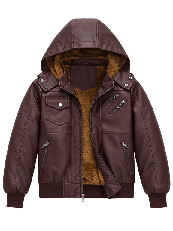 Boys Faux Leather Motorcycle Jacket with Removable Hood Warm Fleece Lining Windproof PU Bomber Coat for Fall Winter Burgundy 17-18