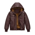 thumbnail image 1 of Heting Boys Faux Leather Motorcycle Jacket with Removable Hood Warm Fleece Lining Windproof PU Bomber Coat for Fall Winter Burgundy 4-5, 1 of 9