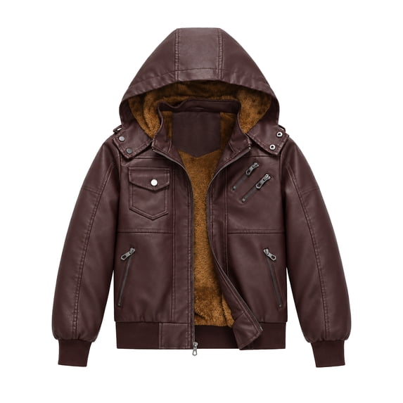 Heting Boys Faux Leather Motorcycle Jacket with Removable Hood Warm Fleece Lining Windproof PU Bomber Coat for Fall Winter Burgundy 4-5