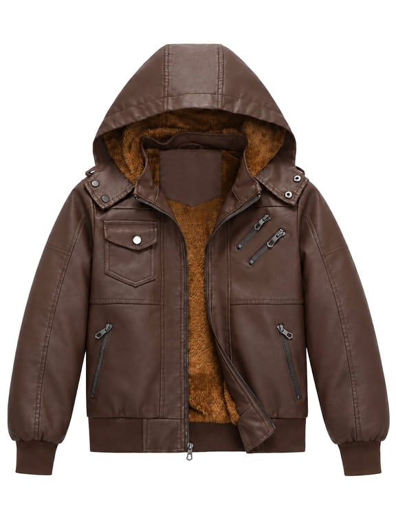Boys Faux Leather Motorcycle Jacket with Removable Hood Warm Fleece Lining Windproof PU Bomber Coat for Fall Winter Camel 17-18