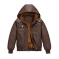 thumbnail image 1 of Heting Boys Faux Leather Motorcycle Jacket with Removable Hood Warm Fleece Lining Windproof PU Bomber Coat for Fall Winter Camel 6-7, 1 of 9