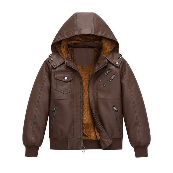 Heting Boys Faux Leather Motorcycle Jacket with Removable Hood Warm Fleece Lining Windproof PU Bomber Coat for Fall Winter Camel 6-7