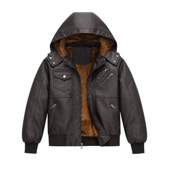 Heting Boys Faux Leather Motorcycle Jacket with Removable Hood Warm Fleece Lining Windproof PU Bomber Coat for Fall Winter Coffee 8-9