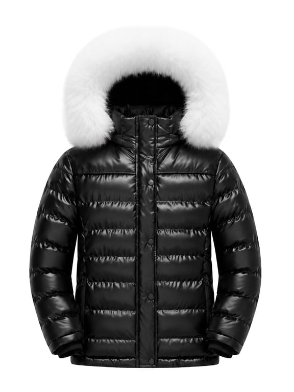 Girls' Warm Winter Puffer Jacket Waterproof Soft Fleece Lined Quilted with Removable Hood Glossy Black 14-16