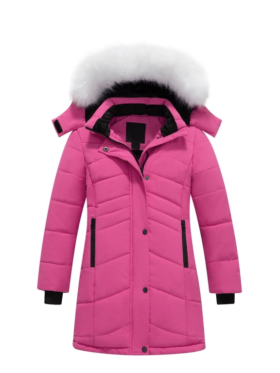Girls' Winter Puffer Parka Waterproof Insulated Quilted Coats with Hood Warm for Snow Play School Rose Red 14-16